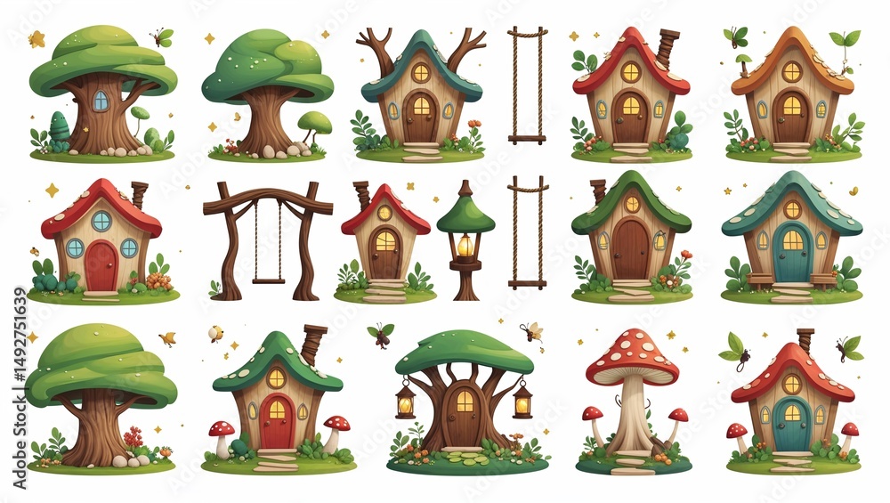 Fototapeta premium Treehouses and Fairy Homes Vector Pack – Whimsical Flat Illustrations of Magical Treehouses, Mushroom Cottages, and Fairy Doors