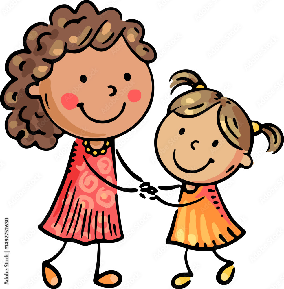 Happy cartoon mother and daughter holding hands and dancing. Isolated illustration, family clipart Happy cartoon mother and daughter holding hands and dancing. Isolated illustration, family clipart