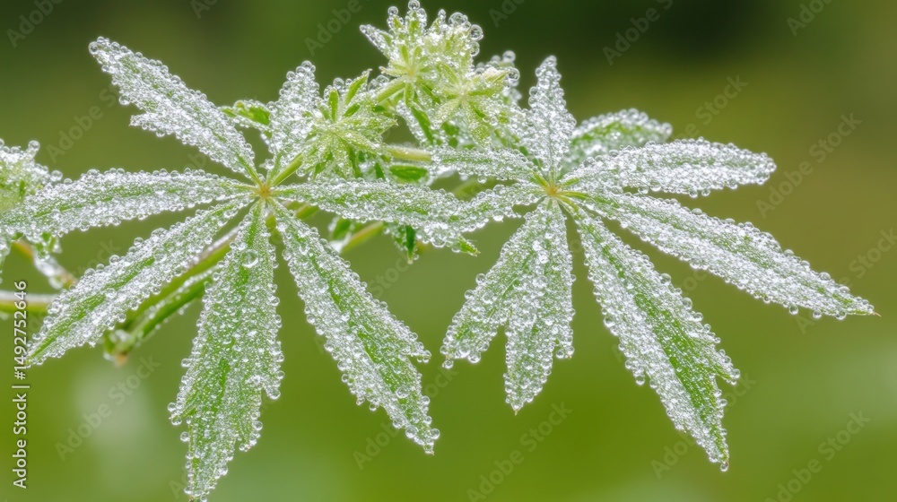 Fototapeta premium Dew-covered leaves, intricate detail, vibrant green background