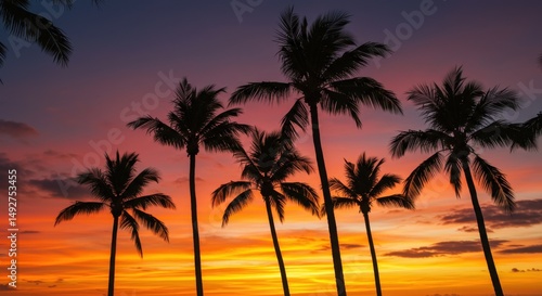 Palm trees silhouetted against a vivid sunset sky with warm orange and golden hues.