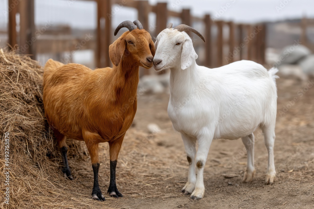 Two goats interact playfully in an outdoor farm setting during a cloudy afternoon Two goats interact playfully in an outdoor farm setting during a cloudy afternoon