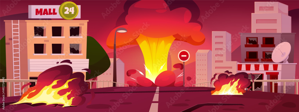 Fototapeta premium Bomb blast in city, buildings and roads are burning and destroyed, abandoned flaming cityscape vector flat illustration
