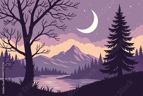 201 beautiful night landscape, dramatic sunset sky with crescent moon, silhouette of bare trees and pine forest, mountain range in the distance, serene lake reflection, digital art, highly detailed, c