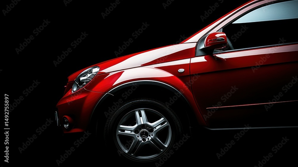 Naklejka premium Red SUV profile shot against black background