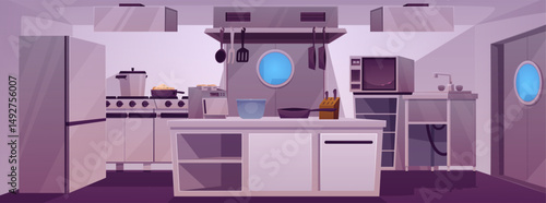 Professional restaurant kitchen interior with stainless equipment and furniture cartoon vector flat illustration