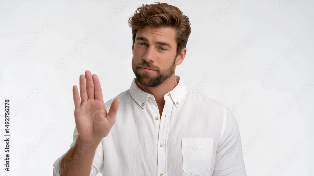 Man in White Shirt Making a Stop Hand Gesture on a White Background Man in White Shirt Making a Stop Hand Gesture on a White Background