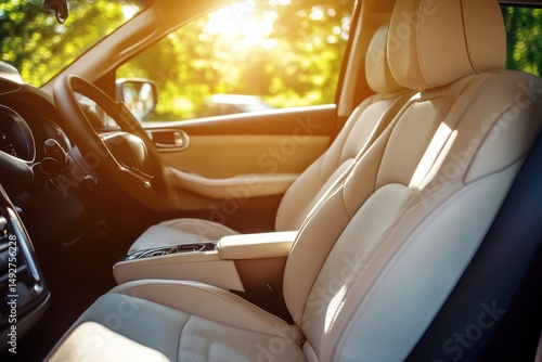 Cozy and Modern Interior of a Car with Luxurious Beige Leather Seats Bathed in Warm Sunlight, Perfect for Automotive Enthusiasts and Travel Photography Needs