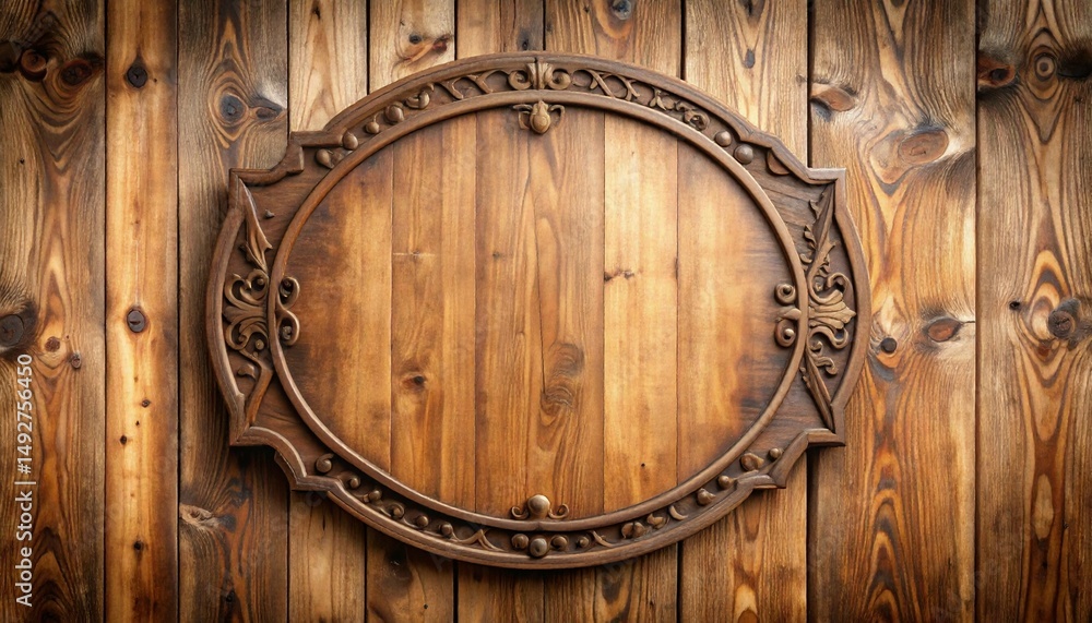 Fototapeta premium Wooden Knotwork Carved Sign on Rustic Plank Wall