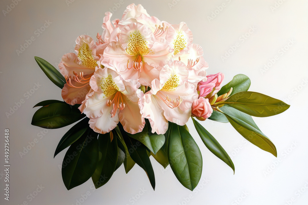 Obraz premium Stunning arrangement of blooming rhododendrons showcases delicate pink petals and vibrant green leaves, evoking sense