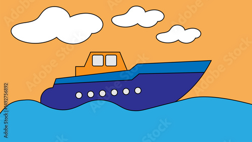 ship in the sea hand-drawn cartoon style illustration