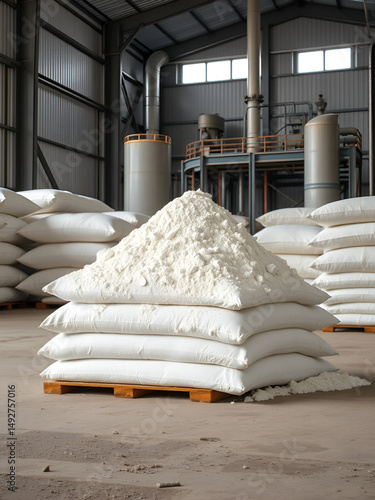 Pile of ammonium sulfate powder inside a warehouse of chemical plant. Mineral organic fertilizers for agriculture.
