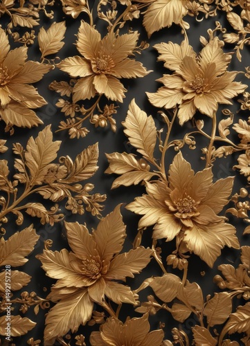 Intricate gold floral pattern, textured leaves  , filigree, luxury, botanical
