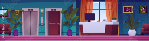 Hotel, house or company lobby and reception or concierge desk, vector flat vintage hall interior with lift elevators