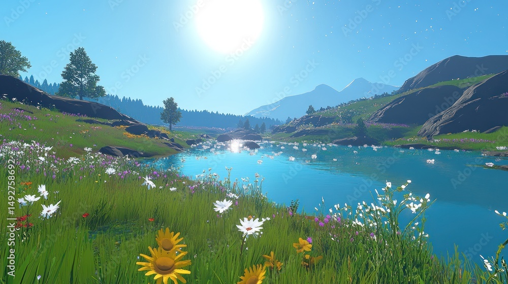Obraz premium Sunlit mountain lake, wildflowers in vibrant meadow