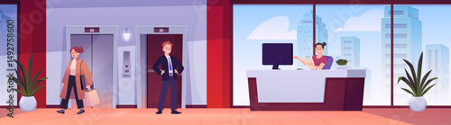 People at hotel or company lobby and reception scene, man waiting for elevator vector flat illustration, hall interior