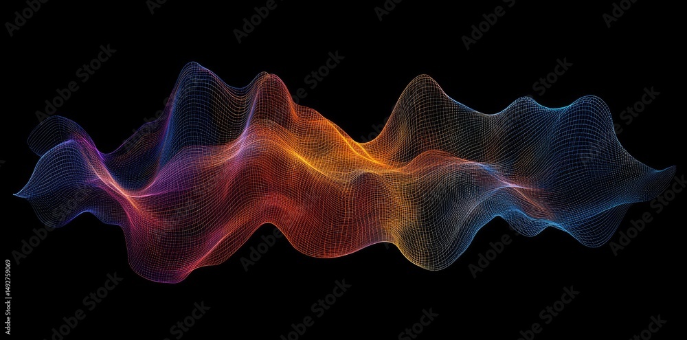 Fototapeta premium A vibrant 3D landscape visualization showcasing colorful wave-like patterns against a black background. ideal for technology and design themes