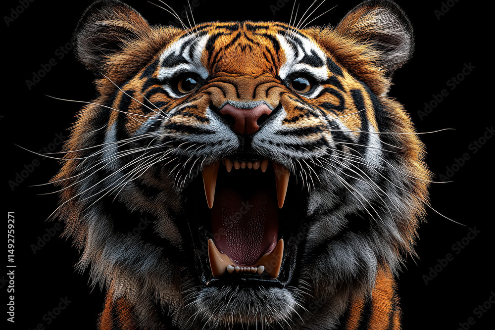 Fototapeta premium Tiger with its mouth open and teeth bared. The tiger is looking directly at the camera World Animal Rights Day