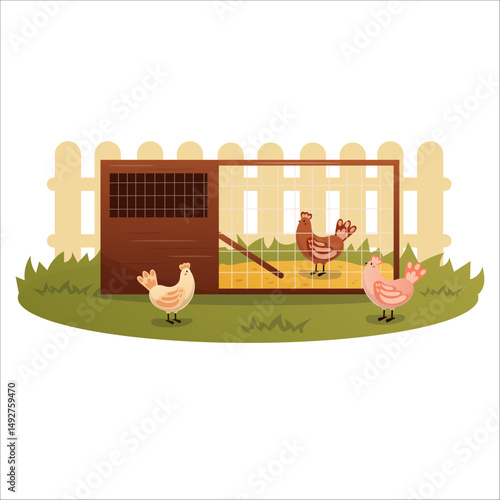 Vector illustration of a home chicken coop in the backyard