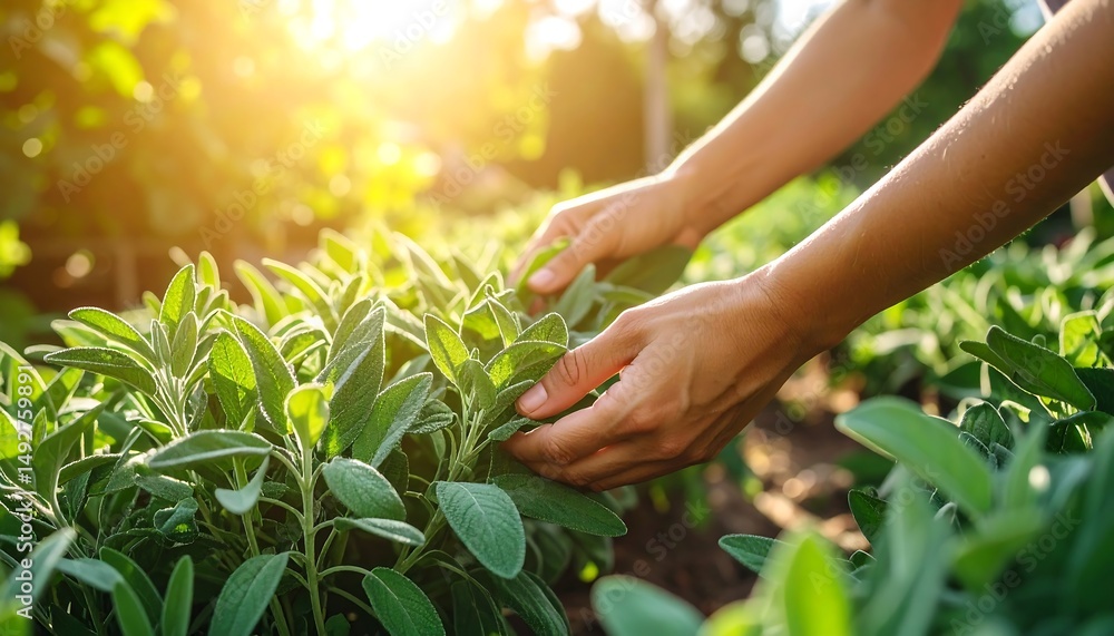Obraz premium Harvesting Sage: A Golden Hour in the Herb Garden
