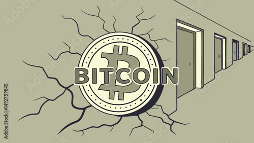 Vector Bitcoin logo breaking through wall, symbolizing breakthrough and innovation in finance