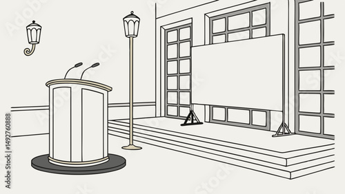 Vector SVG white circular podium with brass trim stands spacious room, ready for presentation. atmosphere is professional and inviting