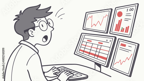 Vector SVG young man with glasses and messy hair looking surprised at multiple computer screens displaying data and graphs