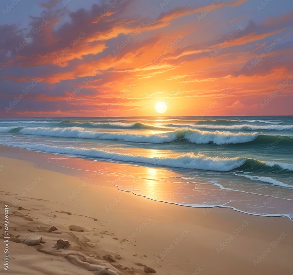 Fototapeta premium Illustration of sandy beach with amazing summer landscape.