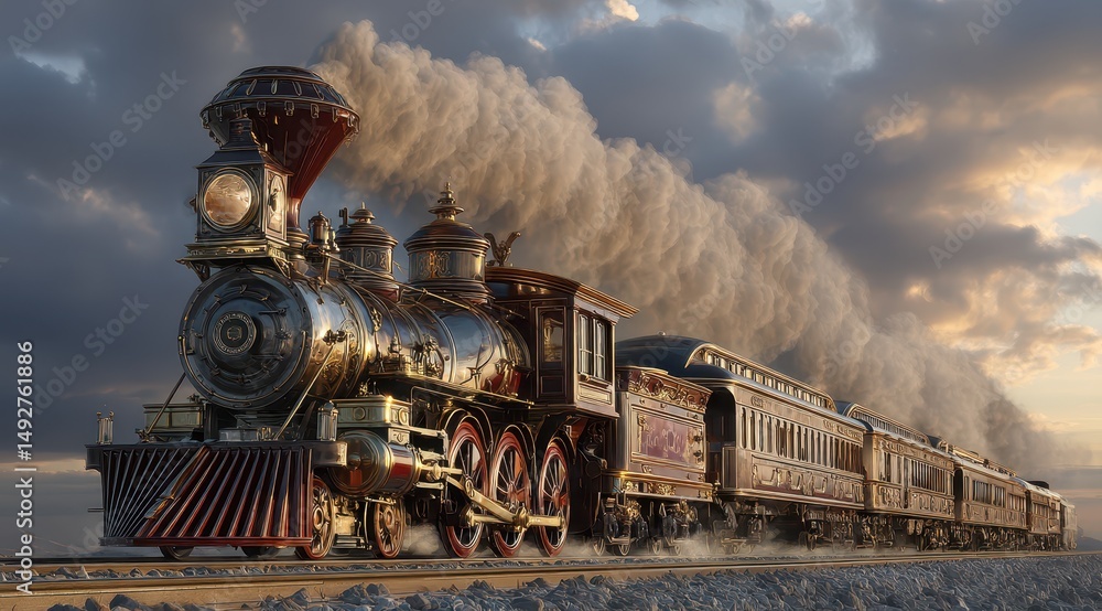Naklejka premium A unique train adorned with ornate patterns and vibrant colors glides along tracks amidst a stunning sunset. Steam billows from its chimney, adding to the magical atmosphere