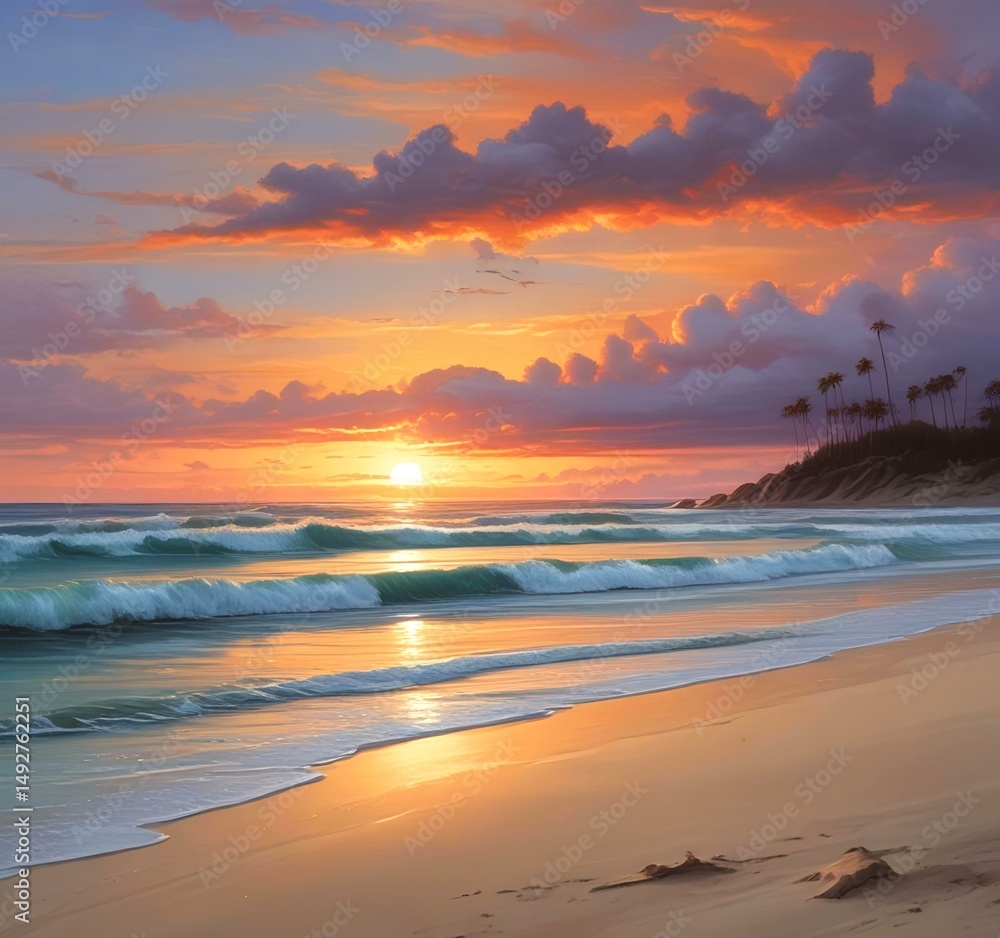 Obraz premium Illustration of sandy beach with amazing summer landscape.
