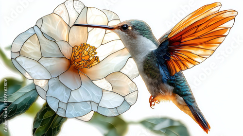 Vibrant hummingbird approaches delicate camellia flower, showcasing intricate stained glass like details. scene captures