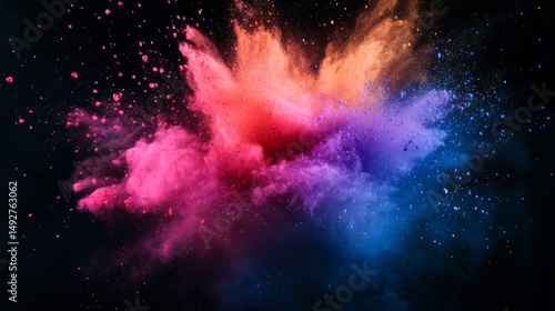 Vibrant abstract colored powder explosion on black background representing scientific concept of particle dispersion, energy release, and molecular reactions in high-speed motion
