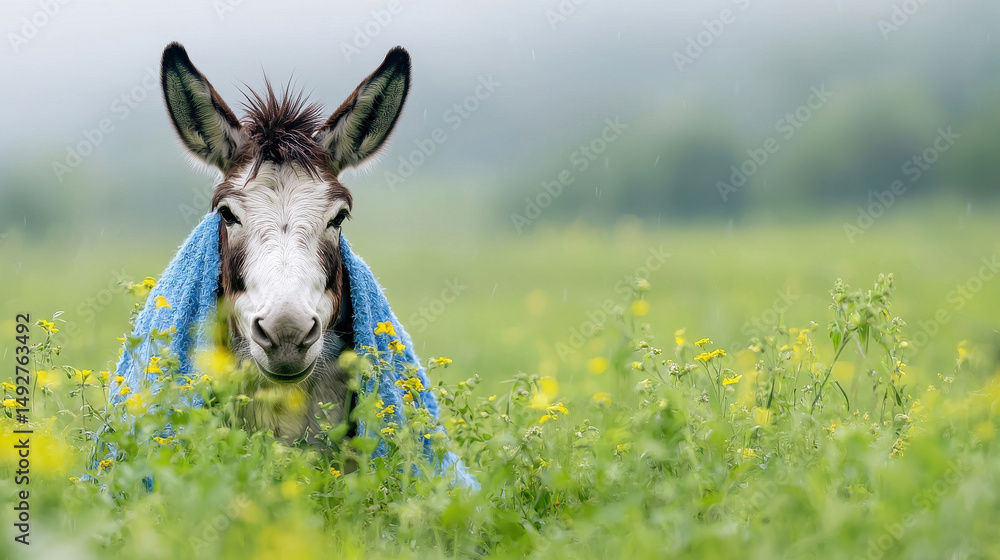 Obraz premium Cheerful donkey wrapped in blue blanket stands in vibrant field of yellow flowers, surrounded by greenery and soft rain