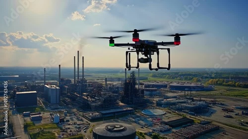 aerial drone surveys industrial refinery complex under blue sky, environmental monitoring
