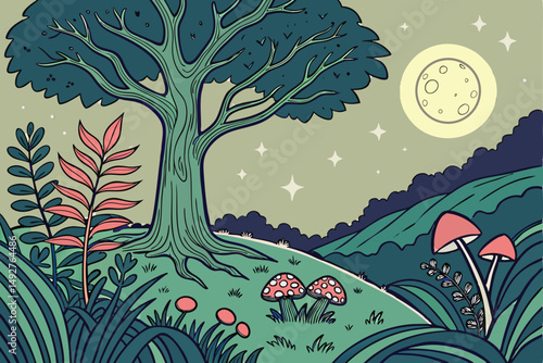 205 intricate, highly detailed, fantasy, enchanting, enchanted, mystical, whimsical, magical, vibrant colors, lush vegetation, surreal, dreamlike, celestial, night sky, stars, moon, planets, tree of l