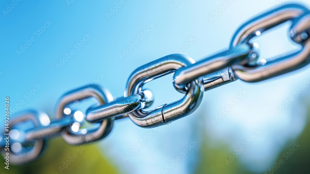 Fototapeta premium Close up of shiny metal chain link against clear blue sky, symbolizing strength and connection