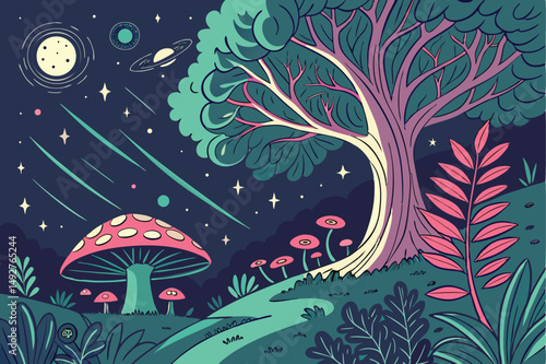 205 intricate, highly detailed, fantasy, enchanting, enchanted, mystical, whimsical, magical, vibrant colors, lush vegetation, surreal, dreamlike, celestial, night sky, stars, moon, planets, tree of l