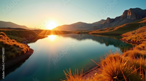 High-quality photo of Gallocanta Lagoon in Spain at dawn, with sunny weather, captured from a panoramic perspective.