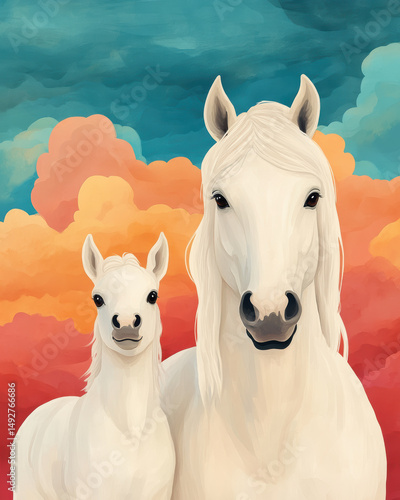 Whimsical Painting Illustration of Pegasus foal beside mother in watercolor sunset clouds