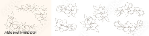 Minimal line art flower corners. Hand drawn boho style vector illustration. Floral wreath in delicate line art style. Minimalist vector illustration. Wedding Invitation flower arrangements, bouquets