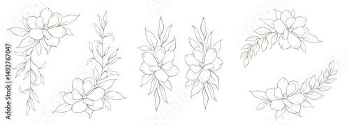 Minimal line art flower corners. Hand drawn boho style vector illustration. Floral wreath in delicate line art style. Minimalist vector illustration. Wedding Invitation flower arrangements, bouquets