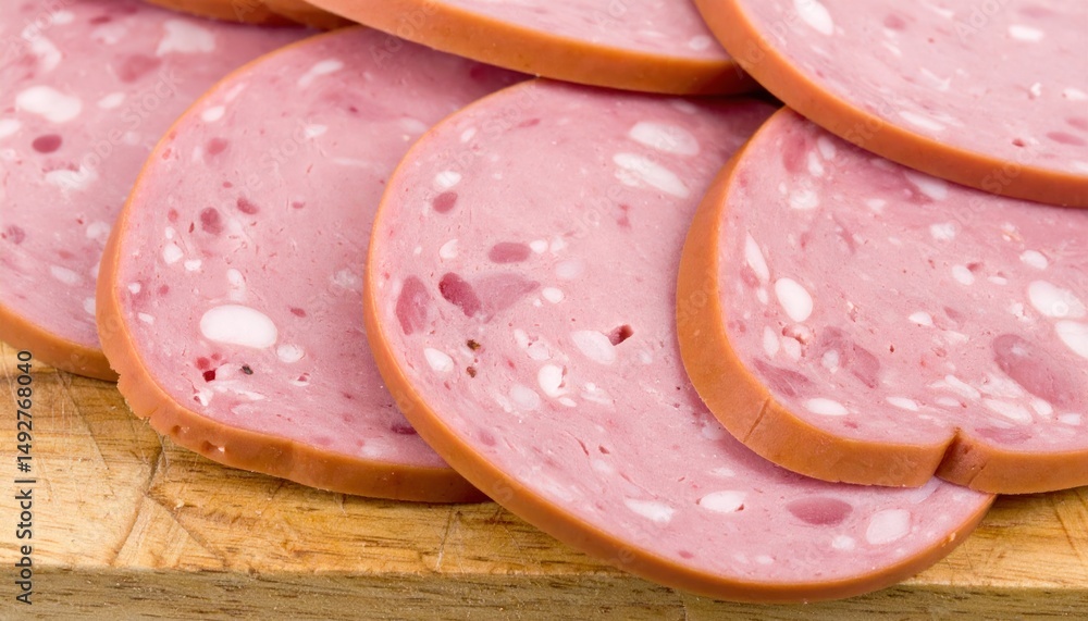 Delicious slices of processed meat stacked invitingly on rustic wooden board surface Delicious slices of processed meat stacked invitingly on rustic wooden board surface
