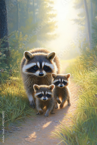 Raccoon babies following mother along sunny forest path