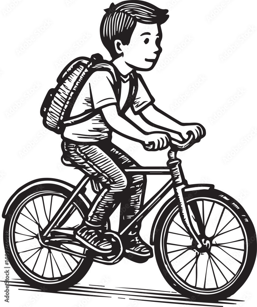 Fototapeta premium boy riding a bike vintage vector illustration