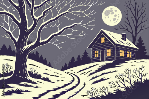 207 A lone cottage on a snowy path under a full moon, detailed landscape, dramatic lighting, digital art, moody atmosphere, vibrant colors, intricate details