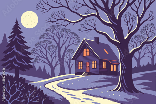 207 A lone cottage on a snowy path under a full moon, detailed landscape, dramatic lighting, digital art, moody atmosphere, vibrant colors, intricate details