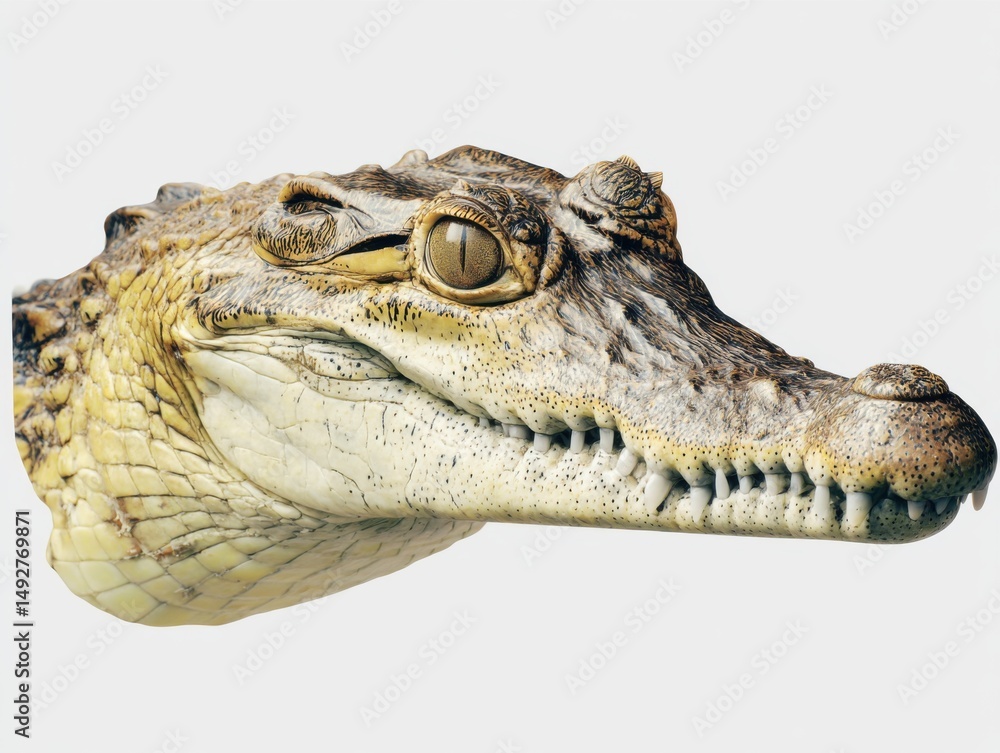 Obraz premium Crocodile headshot on white background, detailed portrait of reptile, eye contact, studio shot, wildlife photography