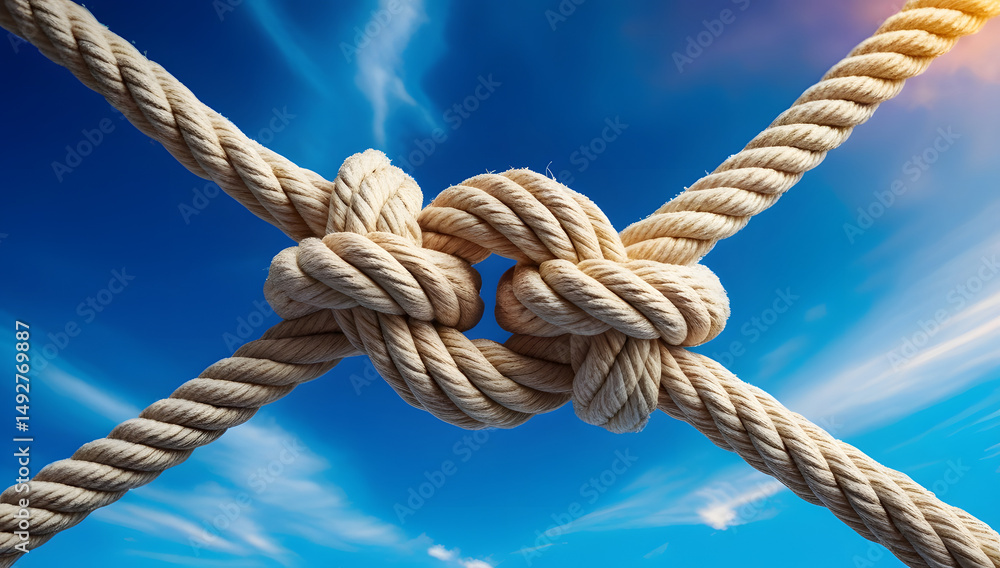 A tightly zoomed-in shot of two intricate rope knots, knotted in a beige-colored rope, set against a brilliant, cloudless blue sky, with the rope's textured threads and subtle frays visible A tightly zoomed-in shot of two intricate rope knots, knotted in a beige-colored rope, set against a brilliant, cloudless blue sky, with the rope's textured threads and subtle frays visible