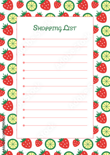 Shopping list. A4 vertical template with space for notes on a background with a pattern of strawberries and lime slices