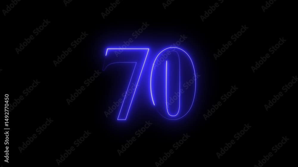 Abstract glowing neon text number countdown icon. 70 text animation by blue color neon on black background. Abstract glowing neon text number countdown icon. 70 text animation by blue color neon on black background.