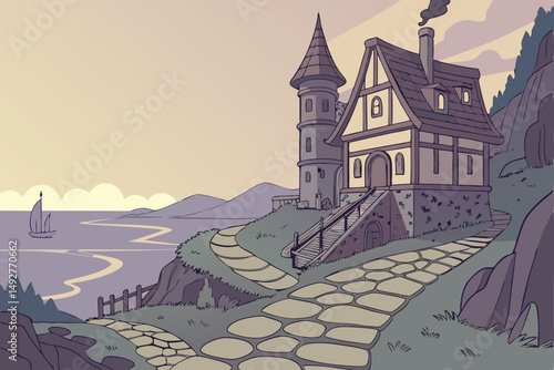 208 idyllic fantasy medieval town on cliff overlooking ocean, vibrant colors, dramatic lighting, detailed architecture, whimsical, digital art, cinematic, landscape, dreamlike